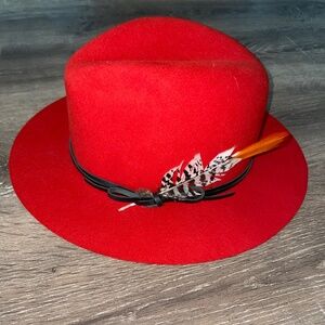 GOORIN BROS Red Hot 100% Wool Fedora Black Leather Strap W/Feather Size S